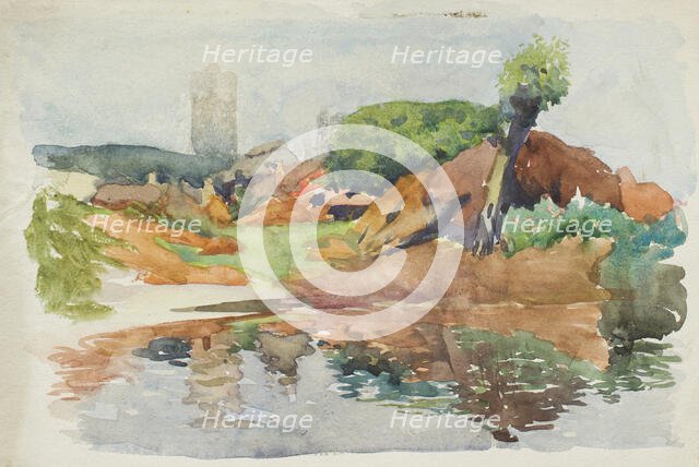 Village scene with pond, c1875-1944. Creator: George Clausen.