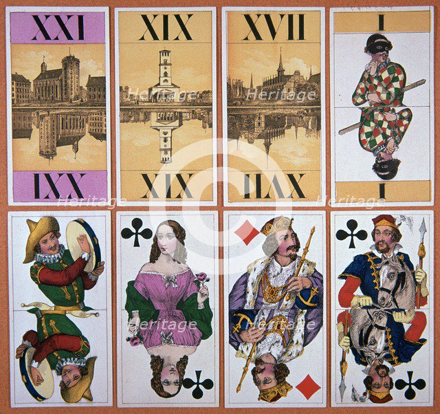 Cards from a Danish tarot pack, 19th century. Artist: Unknown