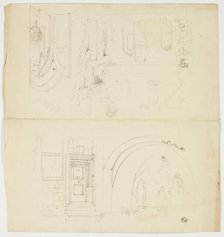 Sketches of Doorway, Figures, Building with Side Entrance to Church (r); Sketch of Spire (v), n.d. Creator: Unknown.