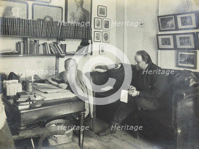 Leo Tolstoy with his secretary Vladimir Chertkov at the Yasnaya Polyana on 29 March 1909, 1909.