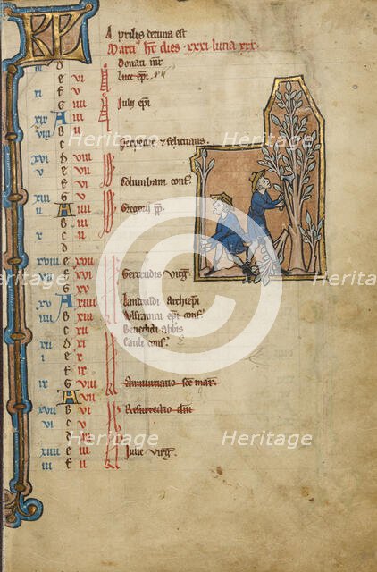 March Calendar Page; Pruning Trees; Psalter, mid-1200s. Creator: Unknown.