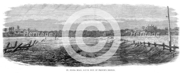 St Kilda Road, south side of Prince's Bridge - Floods at Melbourne, Australia, 1864. Artist: Unknown