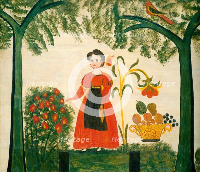 Girl in Red with Flowers and a Distelfink, c. 1830. Creator: Unknown.