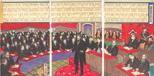 Illustration of the Imperial Diet House of Commons with a Listing of all Members, 10/1890.. Creator: Toyohara Kuniteru.