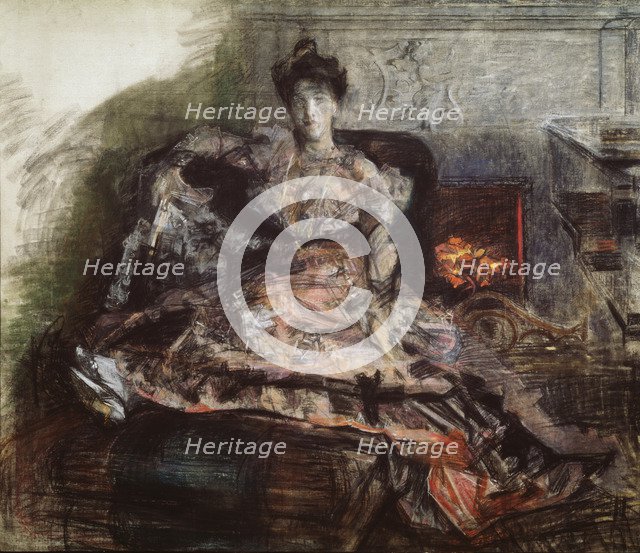 After the Concert. Portrait of N. Zabela-Vrubel at the fireplace in a dress designed by Vrubel, 1905. Artist: Vrubel, Mikhail Alexandrovich (1856-1910)