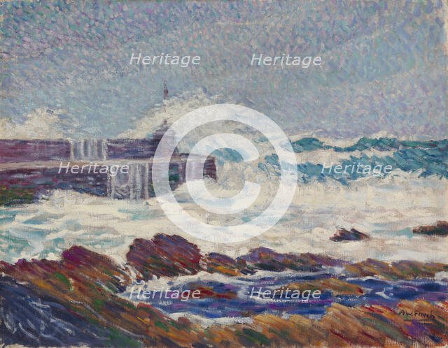 Rosehearty Pier in a storm, 1910. Creator: Alfred William Finch.