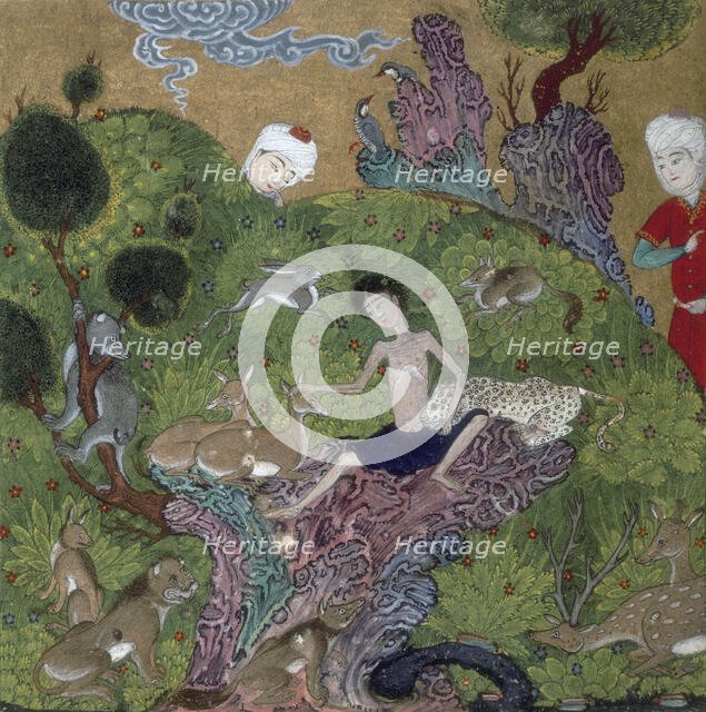 Majnun in the desert among the wild beasts, 1500. Creator: Unknown.