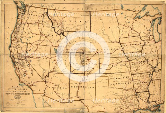Map of part of the United States exhibiting the principal mail routes west of the Mississip...,1867. Creator: E. D. Boyd.
