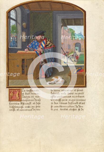 The King of Arms of the Order of the Golden Fleece Writing about Jacques de Lalaing, about 1530. Creator: Simon Bening.