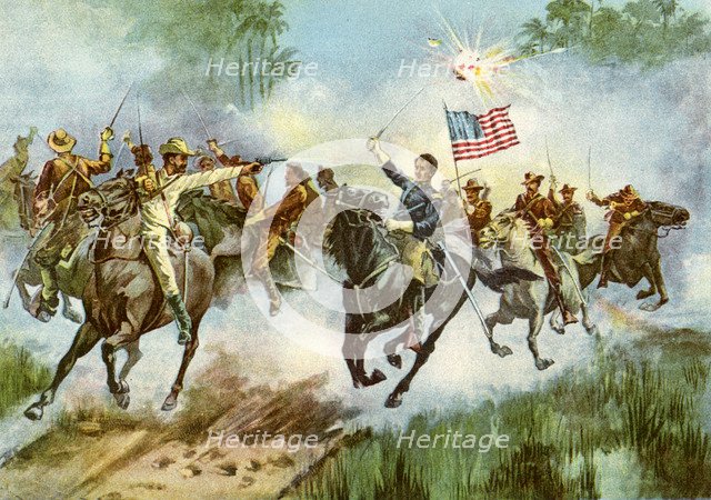 Rough Riders stampeding a Spanish outpost, Cuba, Spanish-American War, 1898. Artist: Unknown