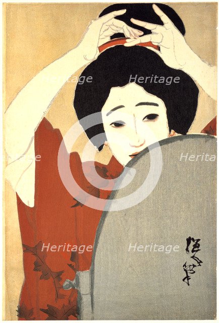 'Woman Adjusting Her Hair in Front of the Mirror', 1930. Artist: Kitano Tsunetoni