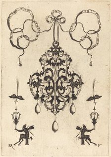 Large Pendant, Lower Left and Right Two Winged "Devils" Sitting on Pedestals, 1596. Creator: Daniel Mignot.
