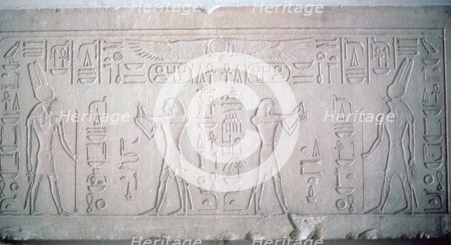 Lintel of Senusret III depicting the Pharaoh making offerings to the God Montu, 12th Dynasty. Artist: Unknown