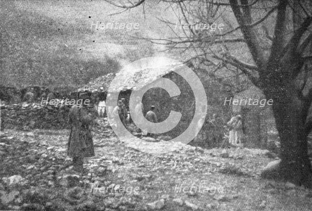 'Episodes de la retraite de la IIIe armee; La masure albanaise ou le vieux roi Pierre..., 1916. Creator: R. Marianovitch.