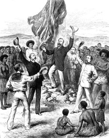 Hoisting the British Flag in New Guinea: Mr. H. M. Chester...calling for cheers, 1883. Creator: Unknown.