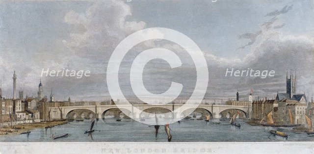 View of London Bridge from the west with boats on the River Thames, 1829. Artist: S Rogers