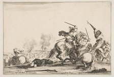 A skirmish, two horsemen battling with swords to the right, men carrying a flag runnin..., ca. 1645. Creator: Stefano della Bella.