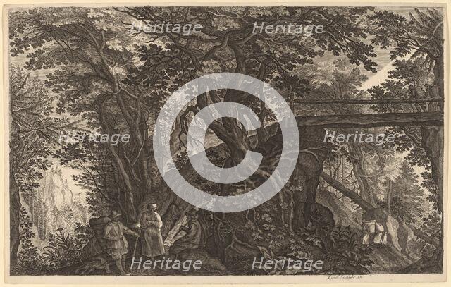 Forest Landscape with Two Men and a Woman Resting near a Bridge. Creator: Aegidius Sadeler II.