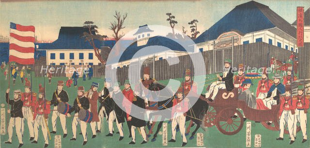 Picture of a Procession of Foreigners at Yokohama, 2nd month, 1861. Creator: Yoshikazu.
