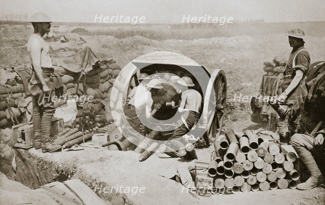 'Hot work at the guns', Somme campaign, France, World War I, 1916. Artist: Unknown