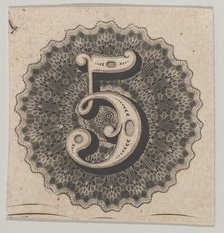 Banknote motif: number 5 against a circular panel of lace-like lathe work with a sc..., ca. 1824-42. Creator: Durand, Perkins & Co.