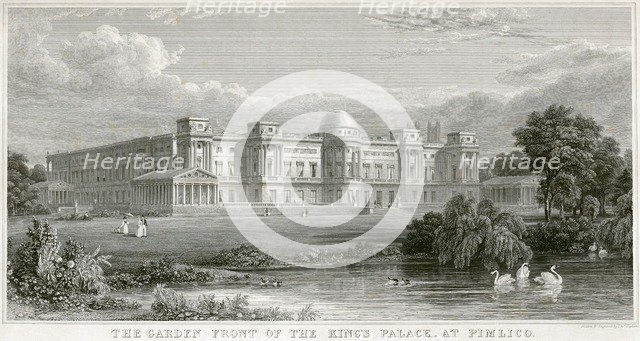 'The Garden Front of the King's palace at Pimlico' (Buckingham Palace, London), 1829. Artist: Thomas Higham.
