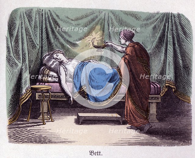 Ancient History. Greece. Greek bedroom. German engraving, 1865.