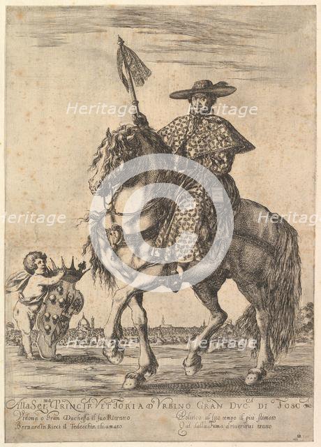 Bernardino Ricci, called il Tedeschino, atop a horse in center, riding towards the left, w..., 1637. Creator: Stefano della Bella.