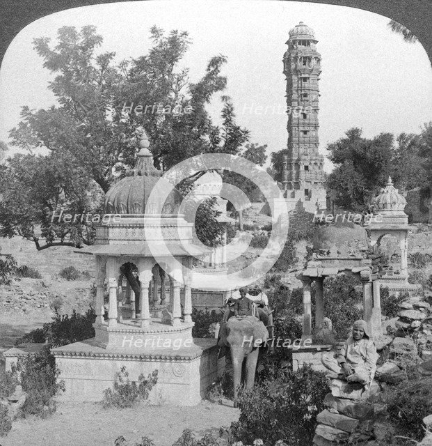 Tower of Victory amd royal cenotaphs, Chittaurgarh, India, 1904.Artist: Underwood & Underwood