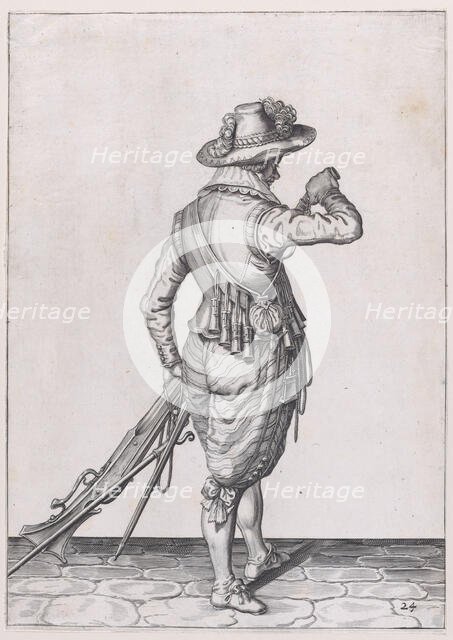 A soldier charging his musket, from the Musketeers series, plate 24, in Waffenha..., published 1608. Creator: Robert Willemsz de Baudous.