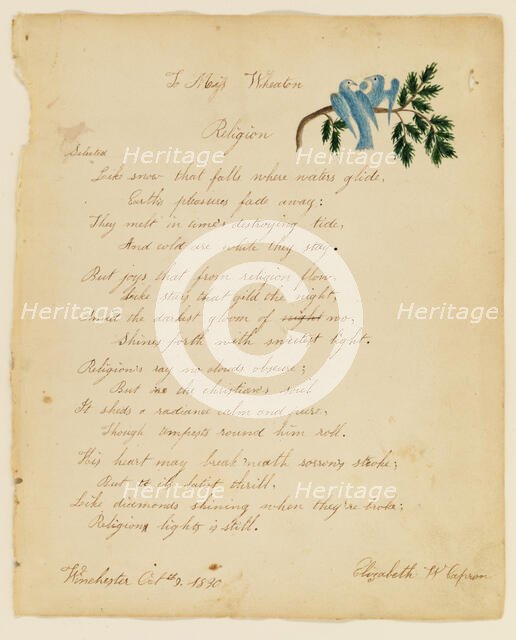 To Miss Wheaton; Religion, 1830. Creator: Elizabeth W. Capron.