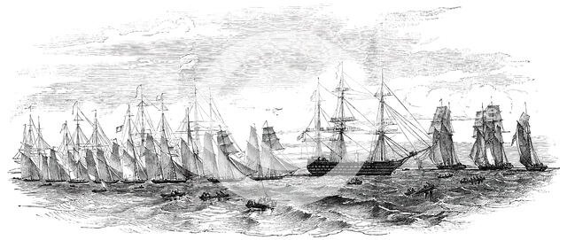 The Royal Yacht Squadron Saluting the French Squadron - sketched by the Hon. Dudley Pelham, 1850. Creator: Unknown.