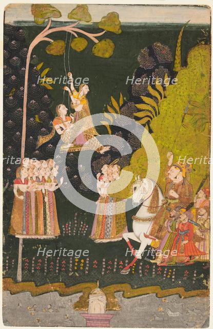Maharaja Abhai Singh, Equestrian, Watching Girls Swinging at the Teej Festival, c. 1740. Creator: Unknown.