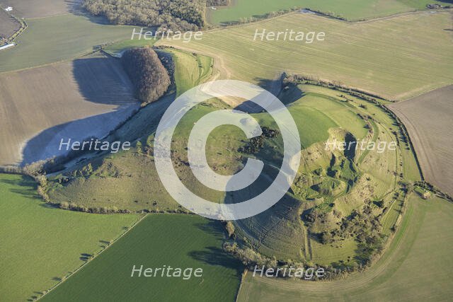 Cley Hill Camp, a univallate hillfort earthwork near Warminster, Wiltshire, 2023. Creator: Damian Grady.
