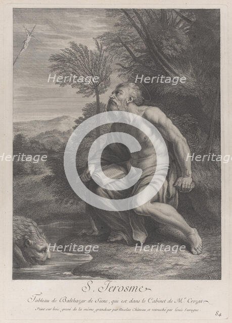 Saint Jerome seated by a tree looking up at a crucifix, a lion drinking water from a strea..., 1728. Creators: Nicolas Chateau, Louis Surugue.