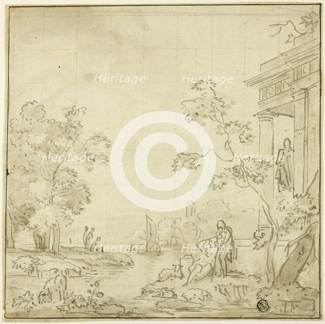 Harbor Scene with Figures, Temple, n.d. Creator: George Smith.