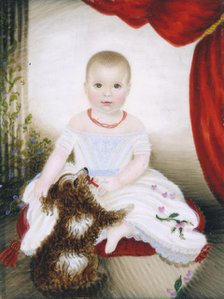 Baby with Rattle and Dog, 1842. Creator: Clarissa Peters.