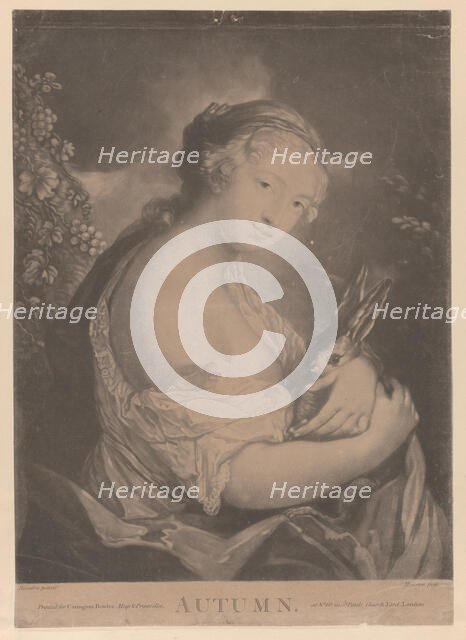 Autumn: a young woman holding a rabbit, 1775. Creator: Richard Houston.