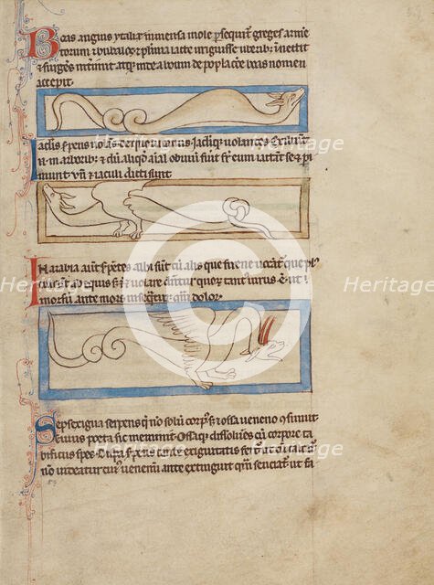 A Boa; A Jaculus; A Siren; Northumberland Bestiary, about 1250-1260. Creator: Unknown.