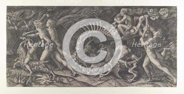 Lo Stregozzo: a female witch riding on an animal skeleton, preceded by two men and ..., ca. 1515-25. Creator: Agostino Veneziano.