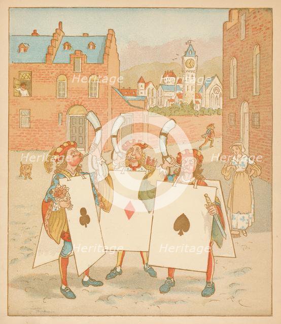 Horn-blowers wearing playing cards, 1880. Creator: Randolph Caldecott.