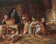 In the orphanage. Young nun distributes toy figures and apples to the children. Creator: Kaulbach, Hermann von (1846-1909).