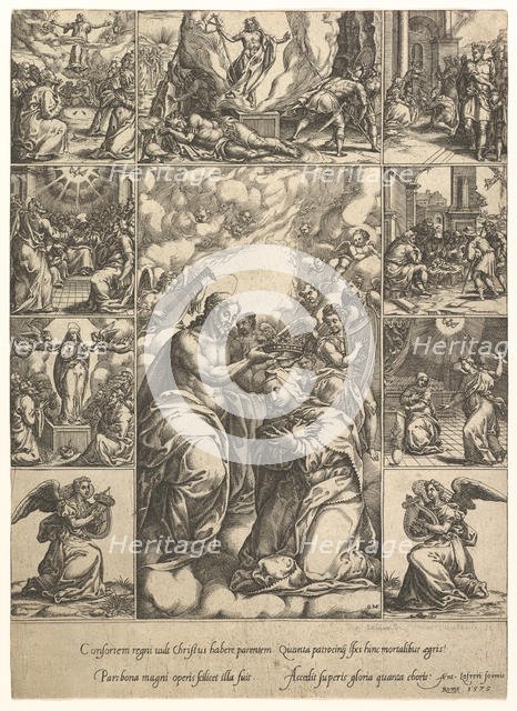 The Coronation of the Virgin; surrounded by nine vignettes with scenes from the life of..., by 1575. Creator: Giorgio Ghisi.