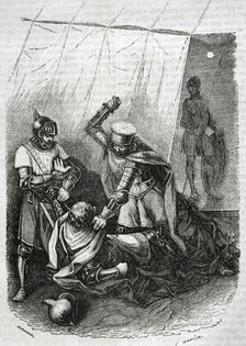 Beltrán Duguesclín and the king's half-brother, Enrique de Trastámara, stabbing King Pedro..., 1852. Creator: Tomás Carlos Capuz.