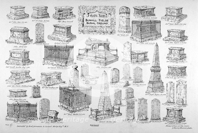 Depiction of monuments of notable persons in Bunhill Fields, Finsbury, London, c1860.                Artist: Anon