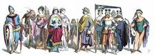Ghibellines and Guelphs personages 12th-13th century, German engraving 1860.