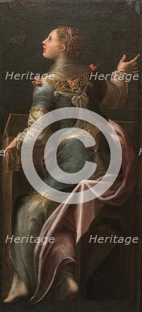 Young girl playing the harpsichord. Creator: Mazzola Bedoli, Girolamo (c. 1500-1569).