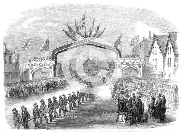 The members of the fire companies drawing the Prince of Wales through Carleton..., 1860. Creator: Unknown.