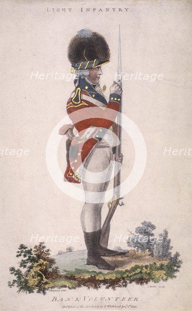 Member of the light infantry in the Bank Volunteers, holding a rifle with a bayonet attached, 1799. Artist: John Barlow
