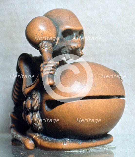 Japanese Netsuke of a skeleton playing a drum, 18th century. Artist: Unknown